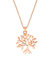 Złocony różowy pendant w kształcie drzewa życia na naszyjniku z łańcuszkiem, z misternymi wzorami liści i gałęzi, gładką teksturą oraz okrągłym kółkiem.