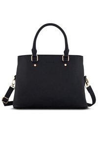 Černá taška typu tote z texturovaného materiálu s dvojitými horními rukojeťmi, odnímatelným ramenním popruhem a zlatými kovovými doplňky.