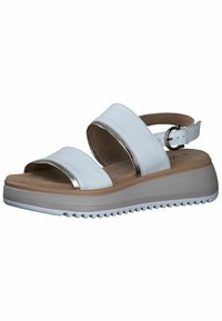 Sandales blanches avec des accents métalliques, dotées de deux larges brides, d'une bride de talon réglable et d'une semelle plateforme texturée.