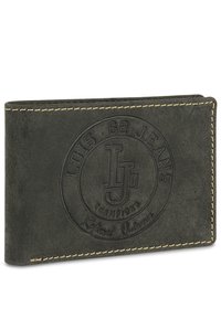 Cartera de cuero verde oscuro con logo circular grabado, costuras en color marrón y textura suave. Incluye inscripciones de 'LOIS 62 JEANS' y 'CHAMPIONS'.