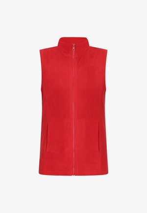 Červená fleecová vesta s vysokým límcem, předním zipem a dvěma bočními kapsami. Měkká struktura a klasický bezrukávový design.