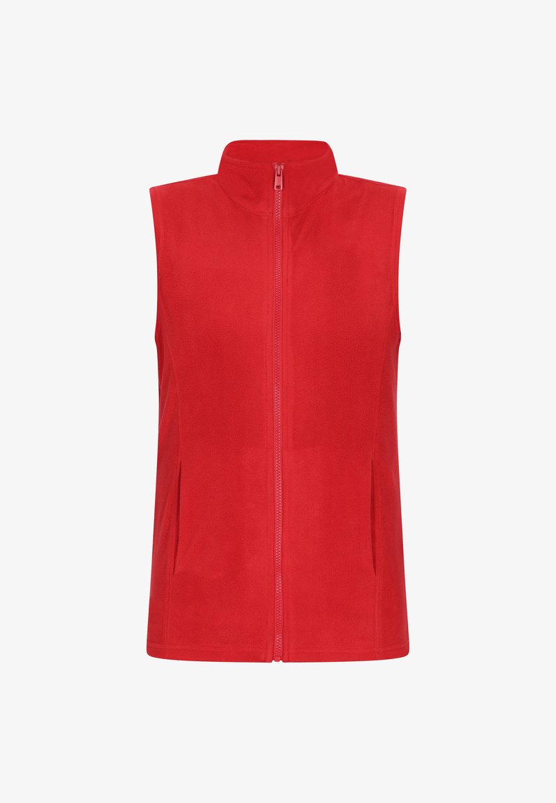 Vest din polar roșu cu guler înalt, fermoar frontal și două buzunare laterale. Textură moale și design clasic fără mâneci.
