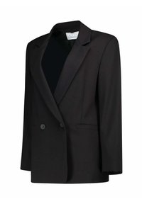 Blazer nero doppiopetto con rever notch, due bottoni frontali e tasche a filetto, esposto su uno sfondo bianco.