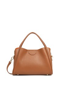 Sac à main en cuir marron avec surface texturée, deux poignées supérieures, une bandoulière réglable et des pieds en ton doré pour la stabilité.