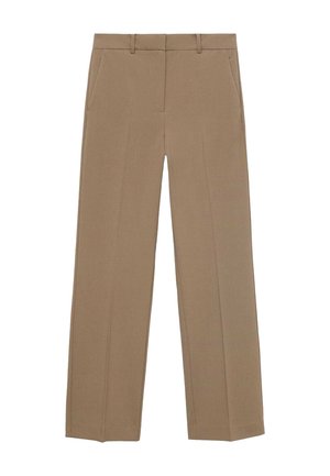 Braune maßgeschneiderte Hose mit geradem Schnitt, ausgestattet mit Seitentaschen und dezenten Frontfalten. Hergestellt aus glattem Stoff ohne sichtbare Muster.
