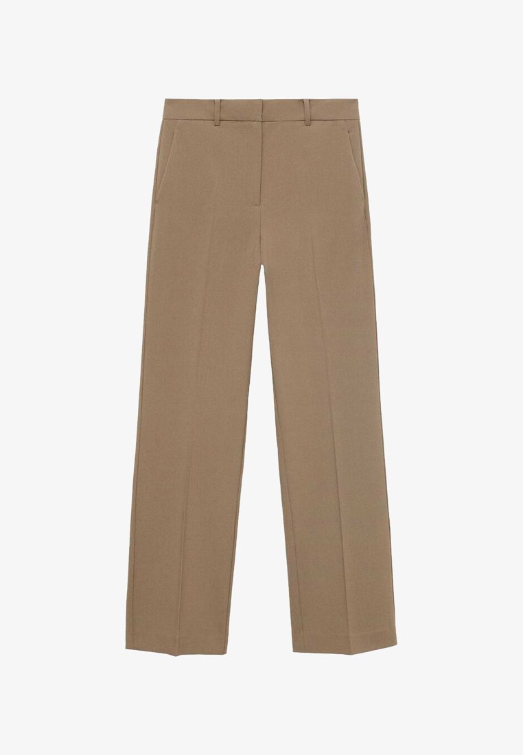 Pantalons marron ajustés au design droit, avec des poches latérales et de subtils plis à l'avant. Texture de tissu lisse, sans motifs visibles.
