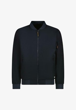 Marineblauw bomberjack gemaakt van gladde stof, met een ritssluiting aan de voorkant, geribbelde manchetten en zoom, en zijzakken met een subtiel logodetail op de mouw.