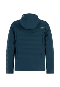 Námorná izolovaná bunda s kapucňou, s prešívanou zadnou časťou a hladkým predným dielom, elastickými manžetami a decentným logom značky na golieri.