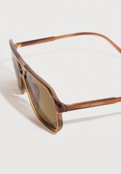 Καφέ διαφανή ορθογώνια γυαλιά ηλίου με φιμέ φακούς και το λογότυπο Dolce & Gabbana στο μπράτσο του σκελετού σε λευκό φόντο.