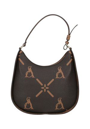 Borsa a tracolla in pelle marrone con parte superiore curva, caratterizzata da simboli decorativi color cuoio e una singola tracolla regolabile con fibbie in metallo.