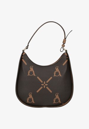 Borsa a tracolla in pelle marrone con parte superiore curva, caratterizzata da simboli decorativi color cuoio e una singola tracolla regolabile con fibbie in metallo.