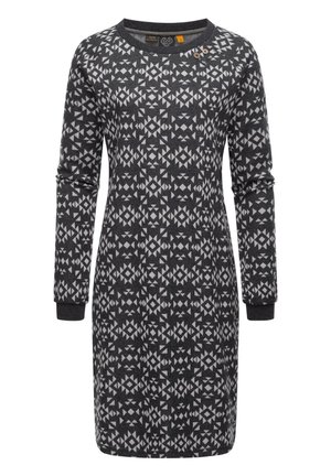 Langærmet, mørkegrå kjole til knæet med let geometrisk mønster, rund halsudskæring, ribbede manchetter og to små knapper nær skulderen.