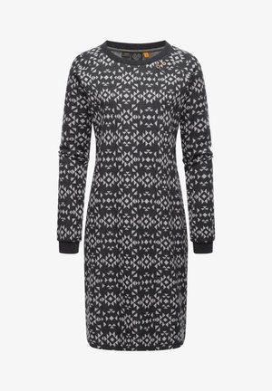 Donkergrijze jurk met lange mouwen en knielengte, voorzien van een lichte geometrische print, ronde halslijn, geribbelde manchetten en twee kleine knopen bij de schouder.