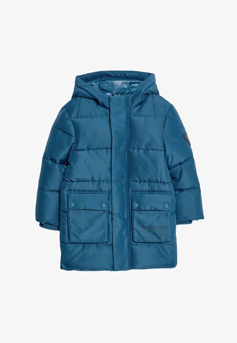 Blå oppustelig jakke med hætte, der har et quiltet design, to forreste lommer og trykknaplukninger. Glat tekstur og let materiale.