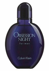 Obsession Night for Men fra Calvin Klein; oval mørkeblå flaske med en afrundet hætte og hvid tekst på forsiden. Glat overfladefinish.
