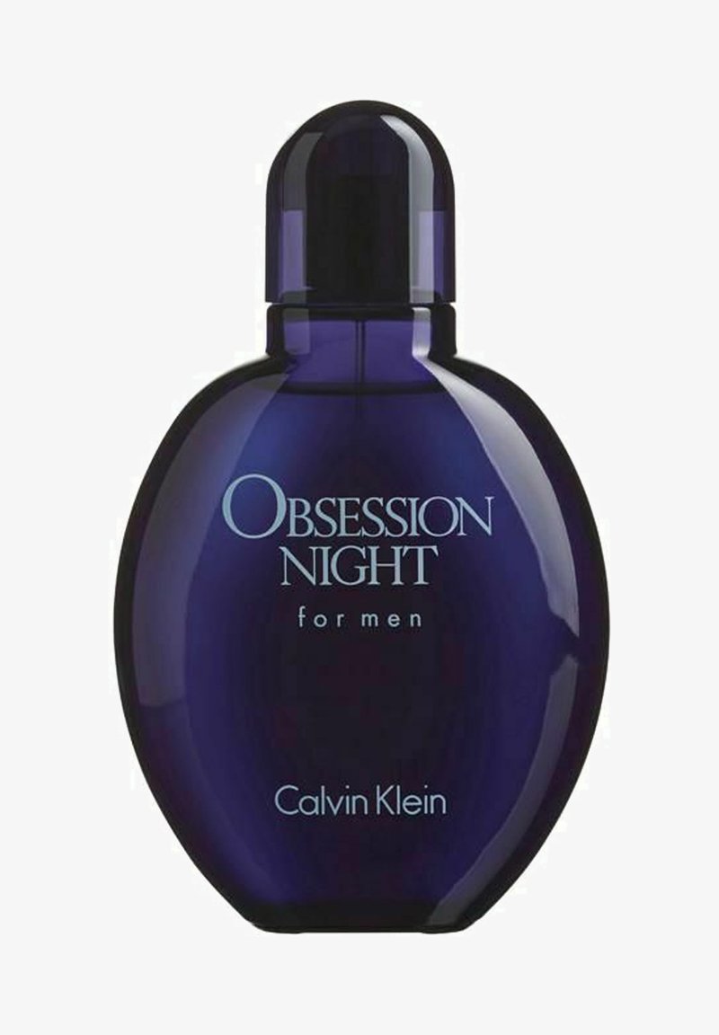 Obsession Night for Men fra Calvin Klein; oval mørkeblå flaske med en afrundet hætte og hvid tekst på forsiden. Glat overfladefinish.