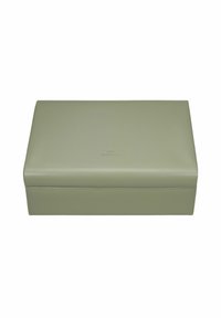 Boîte de rangement en cuir vert avec une finition lisse, de forme rectangulaire et un couvercle. Présente un logo embossé subtil sur la surface supérieure.