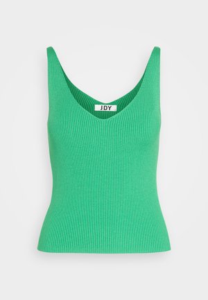 Zöld bordás ujjatlan póló mély V-nyakkal, széles pántokkal és testhez simuló fazonnal. A címke az "JDY" feliratot viseli. Sima felület és rugalmas anyag jellemzi.