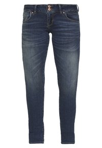 Dark blue slim-fit jeans with faded detailing, front pockets, belt loops, and two copper buttons on the waistband.