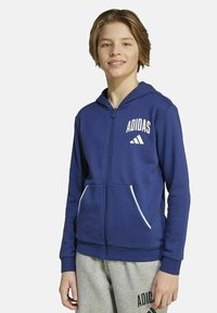 Tienerjongen die glimlacht, gekleed in een blauwe Adidas ritsjack en lichtgrijze Adidas joggingbroek, staand tegen een effen achtergrond.
