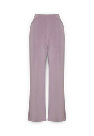 Lavendelfarbene, weit geschnittene Hose aus weichem Stoff, mit hohem Bund, seitlichen Taschen und Nahtdetails entlang der Vorderseite.