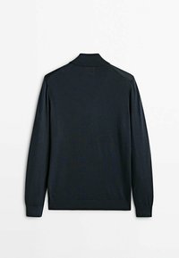 Navyblaues Langarmhemd mit Kragen, aus einem glatten, leichten Stoff mit gerippten Bündchen und Saum. Keine sichtbaren Muster oder Akzente.