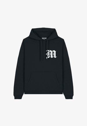 Hoodie noir en mélange de coton, avec une poche frontale, capuche à cordon de serrage et logo imprimé blanc sur la poitrine gauche.