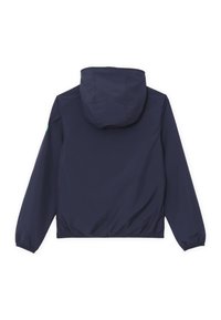 Giacca a vento blu navy con cappuccio, polsini elasticizzati e orlo arricciato. Presenta un piccolo logo verde sulla manica sinistra.