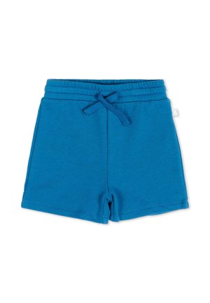 Niebieskie szorty dla malucha o rozmiarze dziecięcym z elastycznym pasem i sznurkiem, wykonane z miękkiej tkaniny, prezentowane na białym tle.