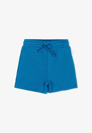 Niebieskie szorty dla malucha o rozmiarze dziecięcym z elastycznym pasem i sznurkiem, wykonane z miękkiej tkaniny, prezentowane na białym tle.