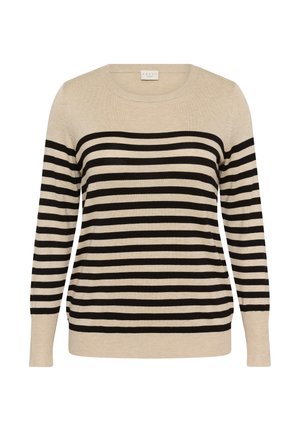 Pull en beige à rayures avec des rayures noires, col rond, manches longues et une texture en maille légère. Accentué d'un ourlet à côtes.