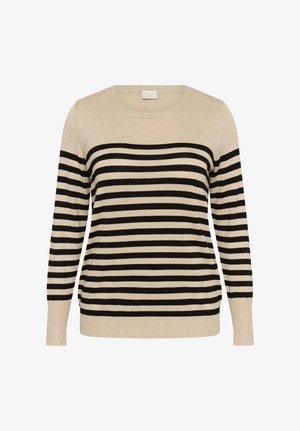 Pulover bej cu dungi, având dungi negre, guler rotund, mâneci lungi și o textură tricotată ușoară. Accentuate cu un tiv zimțat.