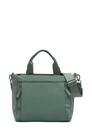 Borsa sintetica verde con forma rettangolare, manici superiori doppi, tracolla regolabile, tasca frontale e superficie liscia.