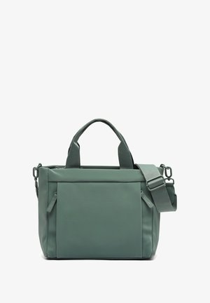 Green synthetic bag with a rectangular shape, dual top handles, adjustable shoulder strap, front pocket, and smooth texture.