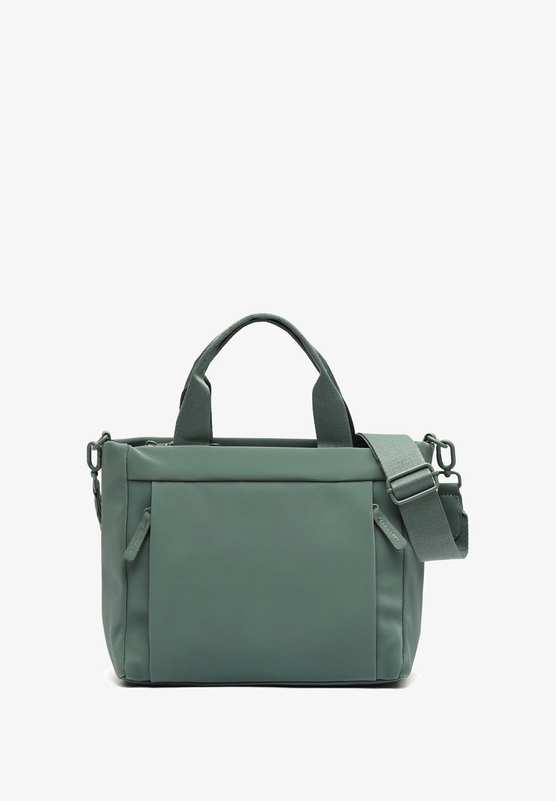 Zielona syntetyczna torba o prostokątnym kształcie, z podwójnymi uchwytami na górze, regulowanym paskiem na ramię, przednią kieszenią i gładką teksturą.
