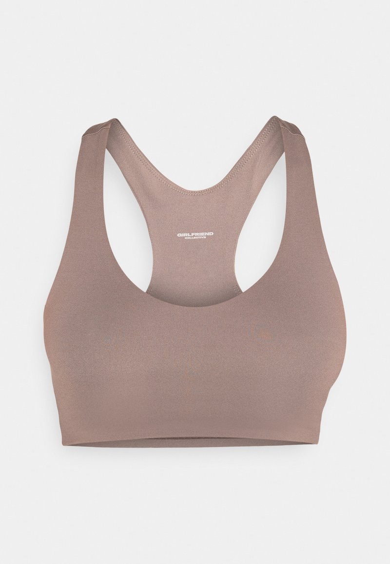 Brauner, nahtloser Sport-BH mit Racerback-Design. Hergestellt aus dehnbarem Gewebe, das eine glatte Textur aufweist und nur minimales Branding auf der Rückseite hat.