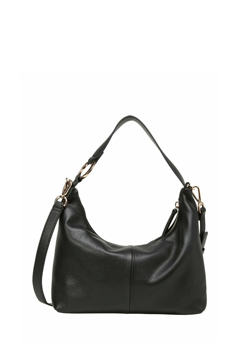 Schwarze Leder-Schultertasche mit einer lässigen Form, ausgestattet mit einem verstellbaren Trageriemen und Akzenten aus goldfarbenem Metall. Texturierte Oberfläche.