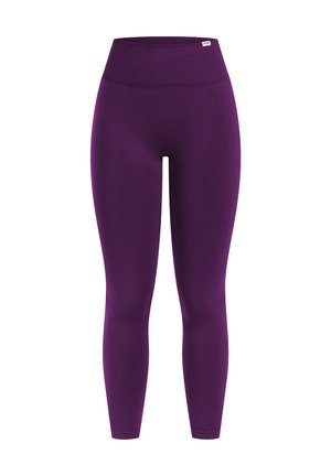 Leggings viola a vita alta realizzati in tessuto elasticizzato. Presentano una texture liscia senza motivi o decorazioni visibili.