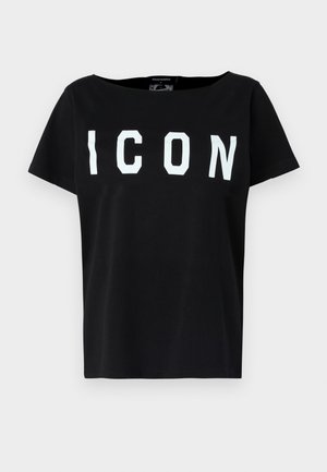 Schwarzes Baumwoll-T-Shirt mit weitem Ausschnitt und kurzen Ärmeln. Fette weiße "ICON"-Buchstaben auf der Vorderseite. Schlichter Rücken. Weiche Textur.