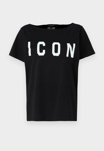 T-shirt en coton noir avec un large col et des manches courtes. Grand lettrage blanc "ICON" à l'avant. Dos uni. Texture douce.