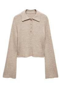 Pull en maille côtelée beige avec des manches longues évasées, un col replié et une patte de boutonnage à l'avant avec quatre boutons.