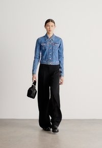 Džínová bunda svetlomodrej farby, dve náprsné vrecká, kombinovaná s čiernymi nohavicami širokého strihu. Drží malú čiernu kabelku. Sivé pozadie.