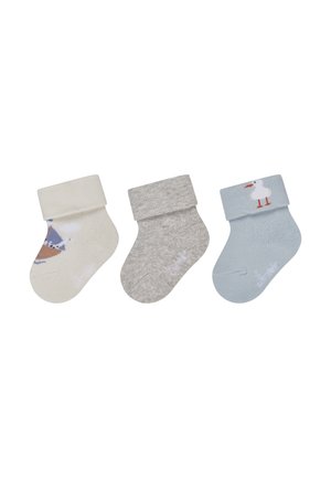 Three pairs of infant socks: cream with a boat print, gray solid, and light blue with a seagull design; all have a folded cuff.