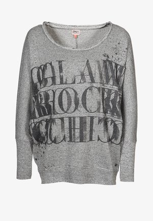 Grijze trui met een losse pasvorm, brede halslijn en lange mouwen. Voorzien van een gedurfd zwart tekstontwerp en een gestructureerd breipatroon.