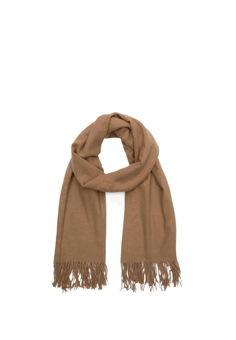 Brązowy szalik wykonany z miękkiego materiału, o gładkiej fakturze i frędzlami na brzegach, ułożony w pętlę.