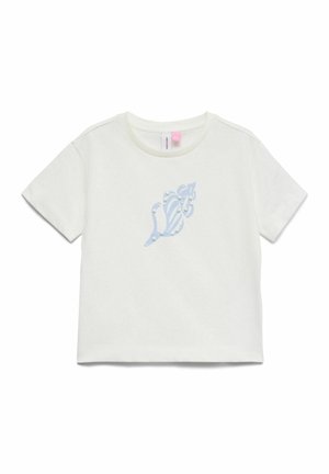 White short-sleeve T-shirt with a light blue abstract leaf design featuring small white pearls on the front center.