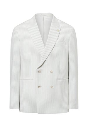 Double-breasted blazer in white with blue stripes, featuring peak lapels, silver buttons, and a chest pocket with a white handkerchief.