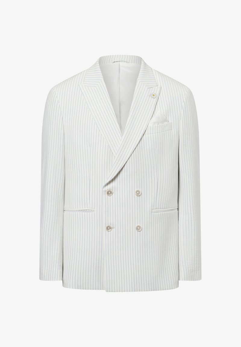 Dubbelzijdige blazer in wit met blauwe strepen, met pieklapels, zilveren knopen en een borstzak met een witte zakdoek.