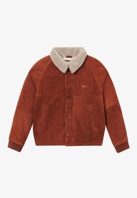 Chaqueta de ante marrón con un suave collar de piel sintética beige, cierres de botones, dos bolsillos laterales y puños acanalados, con un diseño de corte relajado.