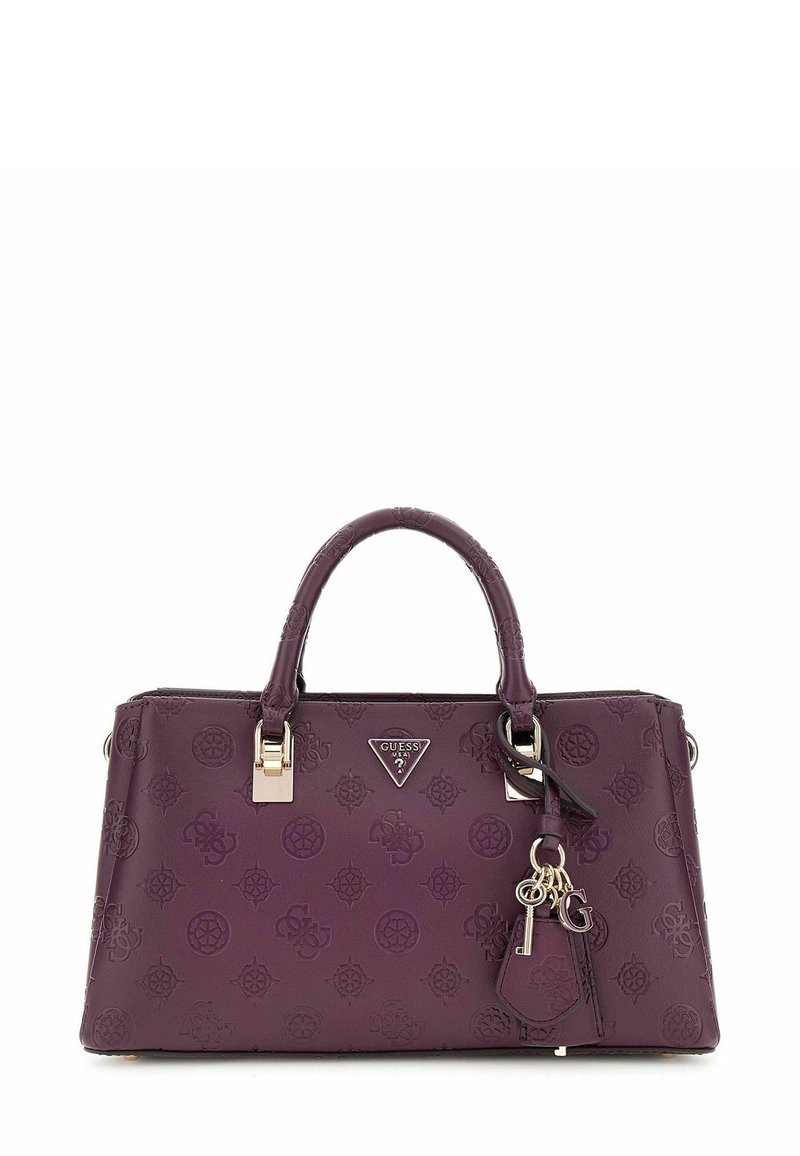 Borsa a tracolla in faux pelle viola con motivi floreali in rilievo, hardware argento, manici doppi e un portachiavi decorato con piccoli ciondoli.